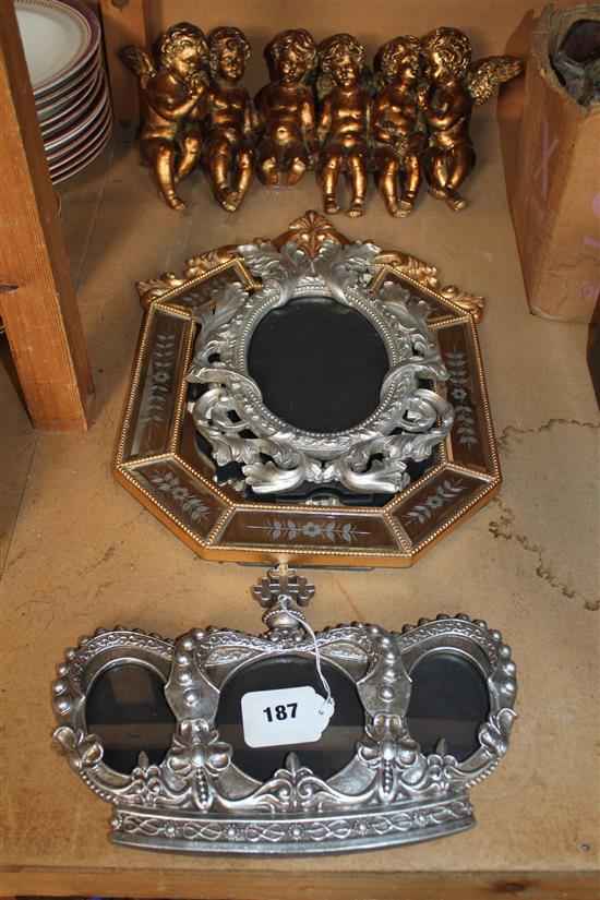 Gilt easel mirror, 2 silvered mirrors & cherub plate